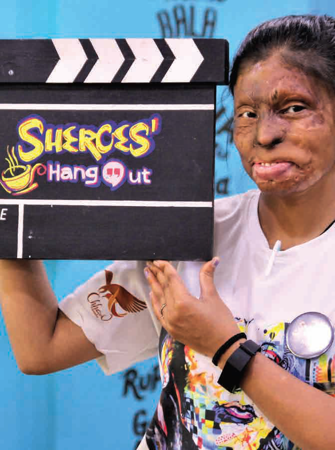 Roopa, an acid attack survivor, hosting at Sheroes Hangout as part of the Chhanv Foundation programme.