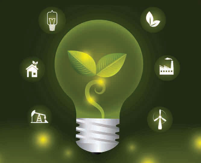 A glowing lightbulb with a growing sapling inside, ringed by energy-efficiency icons.