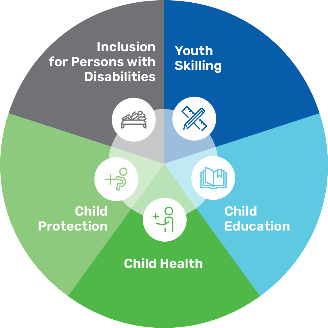 A wheel diagram of the five pillars of Bajaj Finserv's CSR commitment: Youth Skilling, Child Education, Child Health, Child Protection, and Inclusion for Persons with Disabilities.