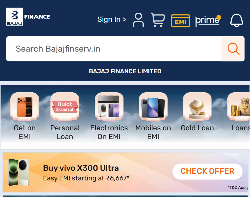 The Bajaj Finserv app showing its product catalogue.